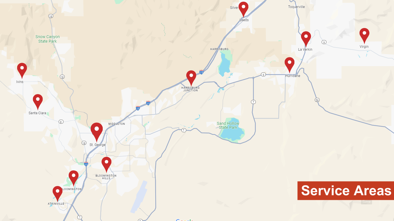 Red Rock Plumbing service area map — Southern Utah