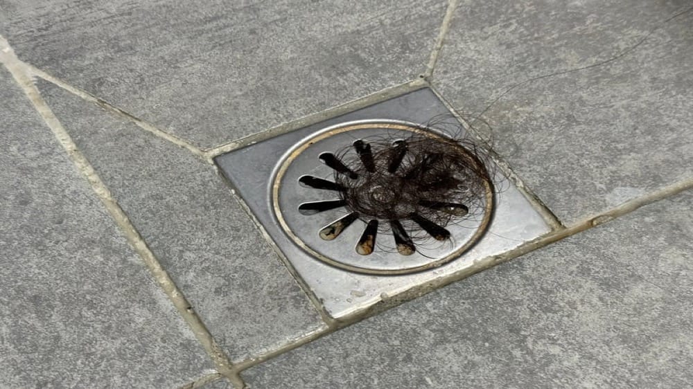 Hair caught in a floor drain grate