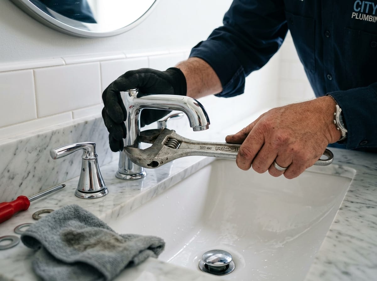 Plumber's hands working on a chrome bathroom faucet