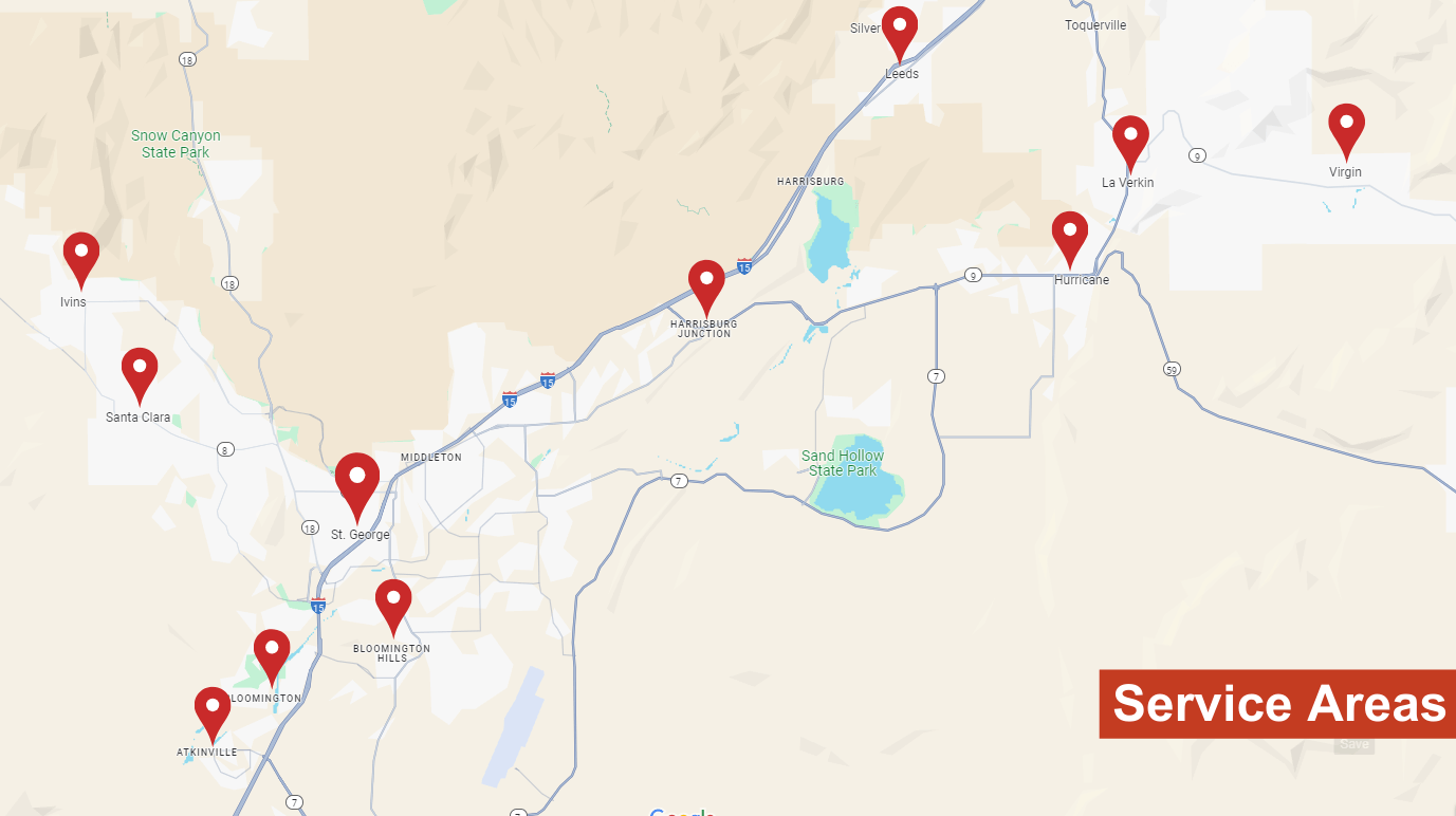 Red Rock Plumbing service area map — Southern Utah